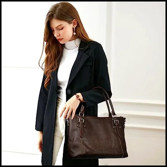 Genuine Leather Tote Shoulder Bag with Adjustable Strap, Medium Size - Picture 2 of 7